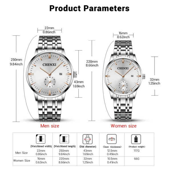 CHENXI Lover's Stainless steel Waterproof Clock Date Wristwatches Women Fashion Quartz Watches For Men Watches Send wife Gift - Image 5