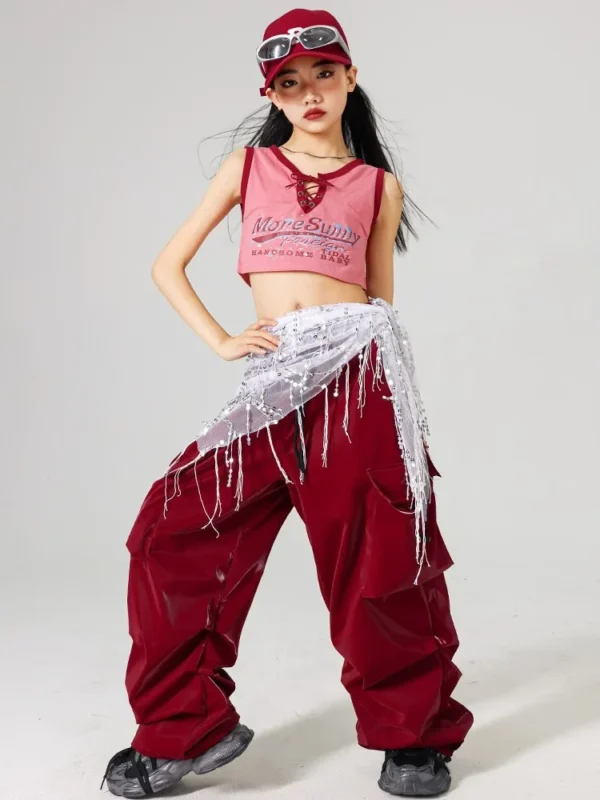 Red Jazz Dance Performance Costume Girl Kpop Stage Wear Hip Hop Shuffle Pants Crop Top Kids Fashion Street Dance Wear - Image 2