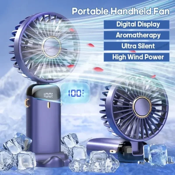 USB Handheld Mini Fan Foldable Portable Neck Hanging Fans 5 Speed Rechargeable Fan with Phone Stand and Display Screen - Image 2