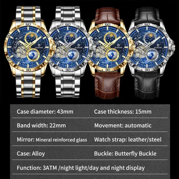 GLENAW Rotating Earth Double Second Hand Wrist Watch - Image 6