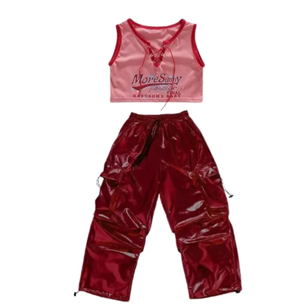 Red Jazz Dance Performance Costume Girl Kpop Stage Wear Hip Hop Shuffle Pants Crop Top Kids Fashion Street Dance Wear - Image 6