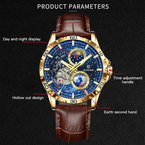 GLENAW Rotating Earth Double Second Hand Wrist Watch - Image 4