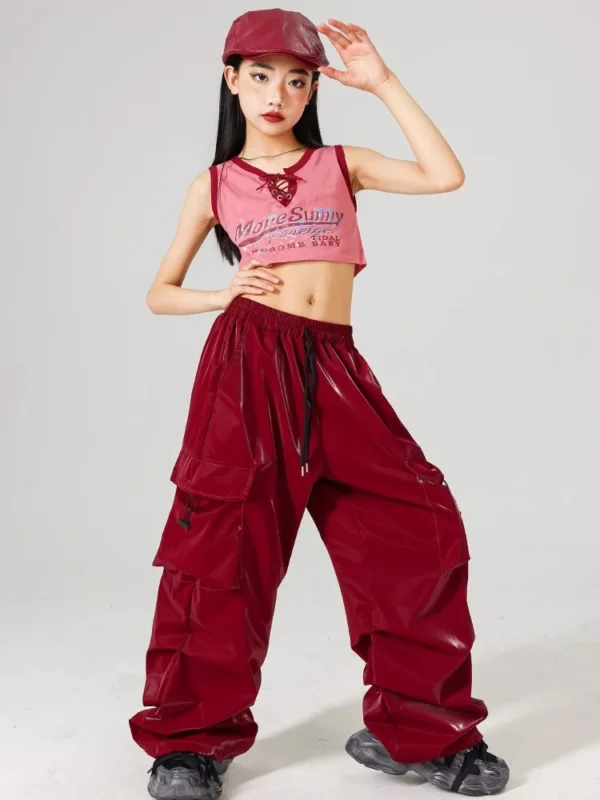 Red Jazz Dance Performance Costume Girl Kpop Stage Wear Hip Hop Shuffle Pants Crop Top Kids Fashion Street Dance Wear - Image 3