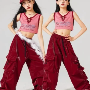 Red Jazz Dance Performance Costume Girl Kpop Stage Wear Hip Hop Shuffle Pants Crop Top Kids Fashion Street Dance Wear