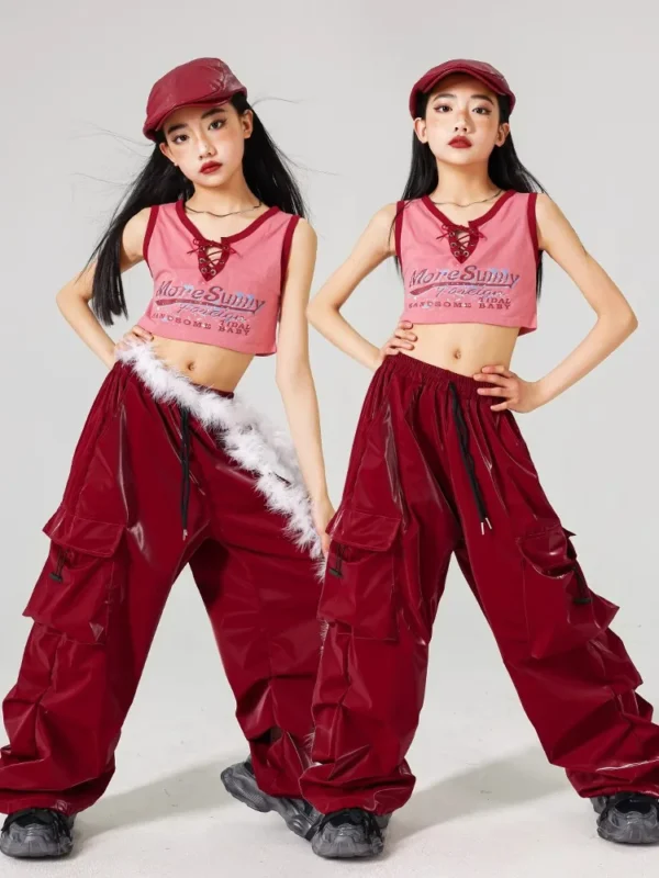 Red Jazz Dance Performance Costume Girl Kpop Stage Wear Hip Hop Shuffle Pants Crop Top Kids Fashion Street Dance Wear