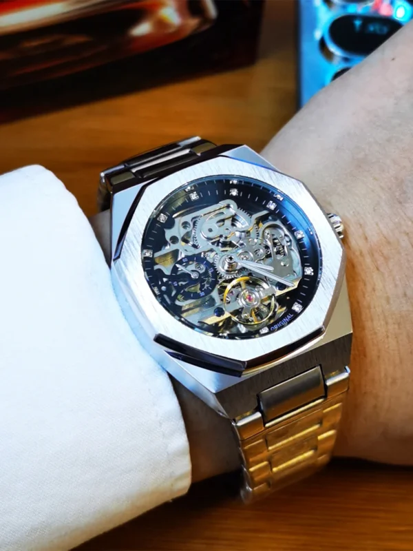 Forsining Silver Automatic Watch Men 3D Diamond Dial Irregular Tourbillon Skeleton Mechanical Wristwatches Luminous Hands Clock - Image 2