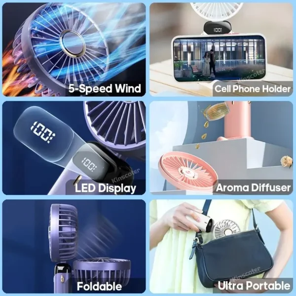 USB Handheld Mini Fan Foldable Portable Neck Hanging Fans 5 Speed Rechargeable Fan with Phone Stand and Display Screen - Image 3